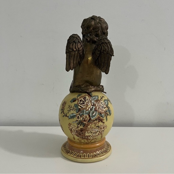 Bronze Cherub Playing Flute on Floral Globe Figurine Statue - Picture 3 of 6